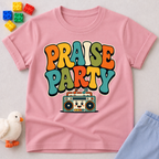 Praise Party Boombox Christian kids shirt in pink featuring a smiling retro music player
