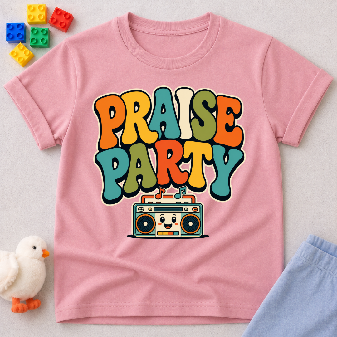 Praise Party Boombox Christian kids shirt in pink featuring a smiling retro music player
