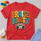 Praise Party Boombox Christian kids shirt in red featuring a smiling retro music player
