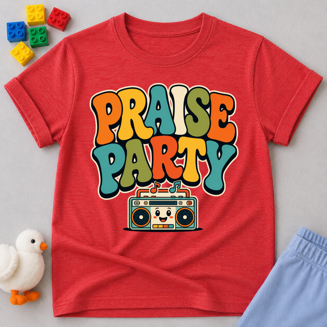 Praise Party Boombox Christian kids shirt in red featuring a smiling retro music player
