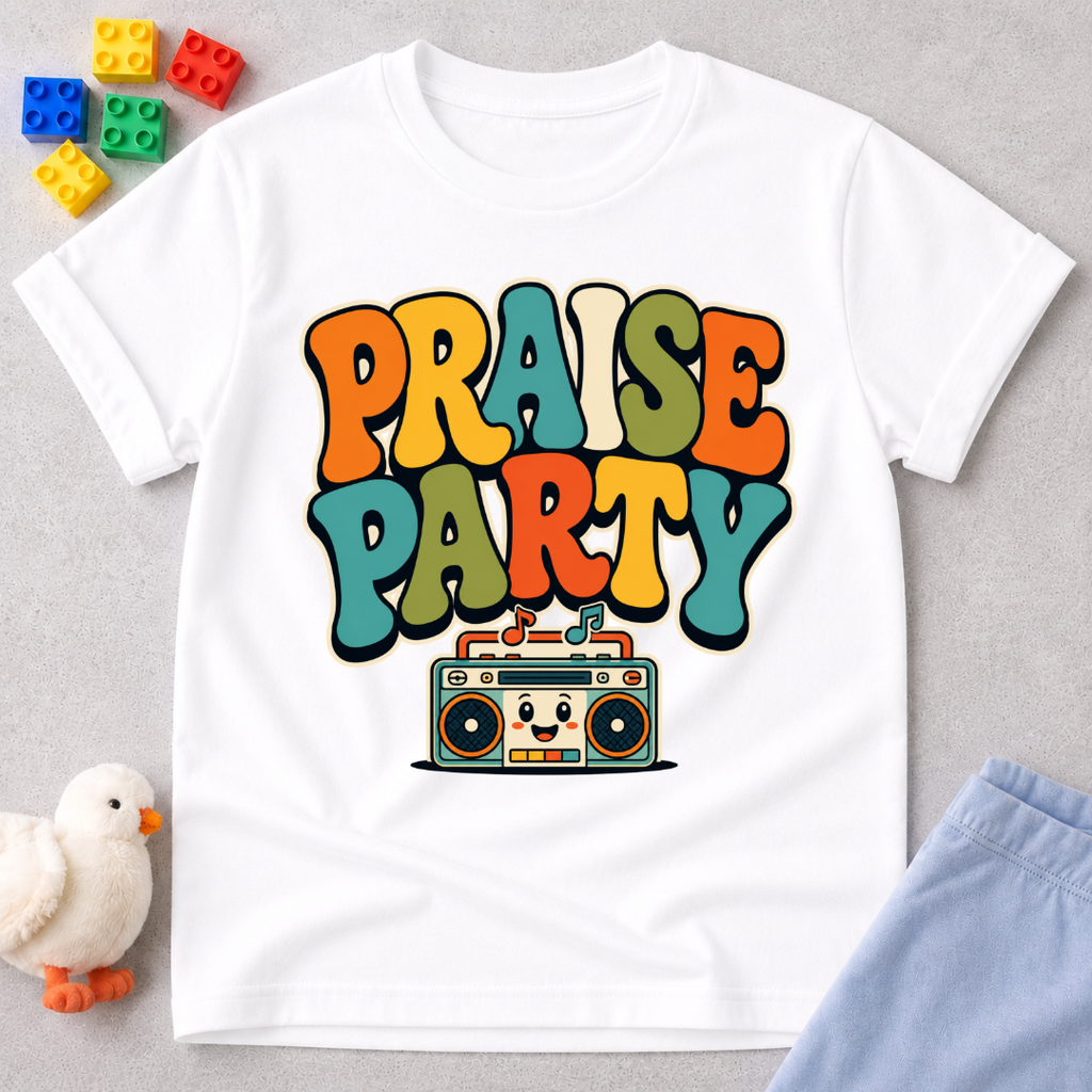 Praise Party Boombox Christian kids shirt in white featuring a smiling retro music player
