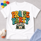 Praise Party Boombox Christian kids shirt in white featuring a smiling retro music player
