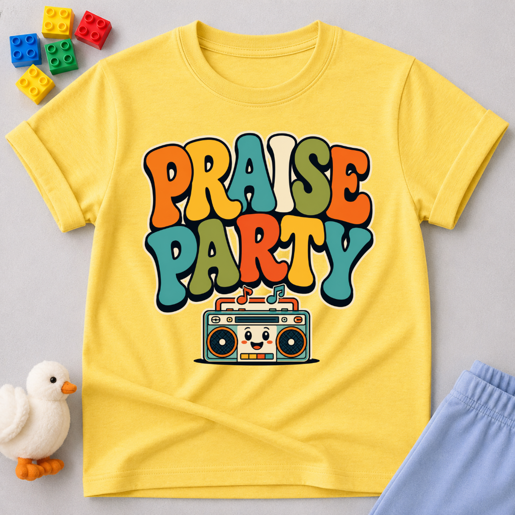 Praise Party Boombox Christian kids shirt in yellow featuring a smiling retro music player
