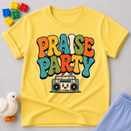 Praise Party Boombox Christian kids shirt in yellow featuring a smiling retro music player
