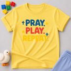 Pray Play Grow Christian kids shirt in Yellow featuring colorful prayer-inspired typography