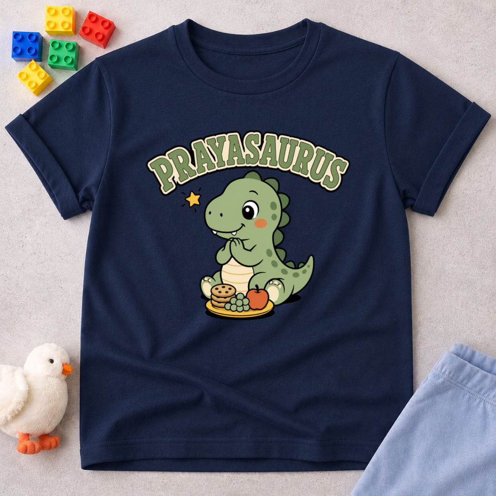 Prayasaurus Prayer Dino Shirt Christian kids shirt in navy featuring a dinosaur and prayer-inspired design
