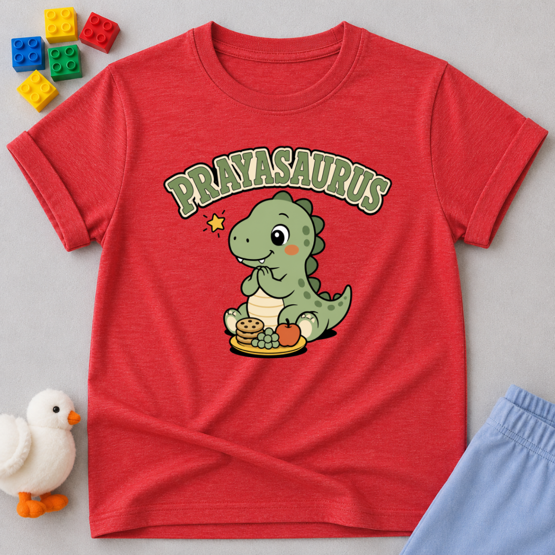 Prayasaurus Prayer Dino Shirt Christian kids shirt in red featuring a dinosaur and prayer-inspired design
