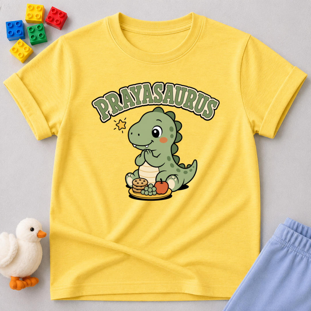 Prayasaurus Prayer Dino Shirt Christian kids shirt in yellow featuring a dinosaur and prayer-inspired design

