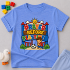 Prayer Before Playtime Christian kids shirt in blue featuring children praying before playing
