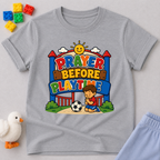Prayer Before Playtime Christian kids shirt in gray featuring children praying before playing
