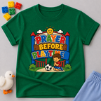 Prayer Before Playtime Christian kids shirt in green featuring children praying before playing
