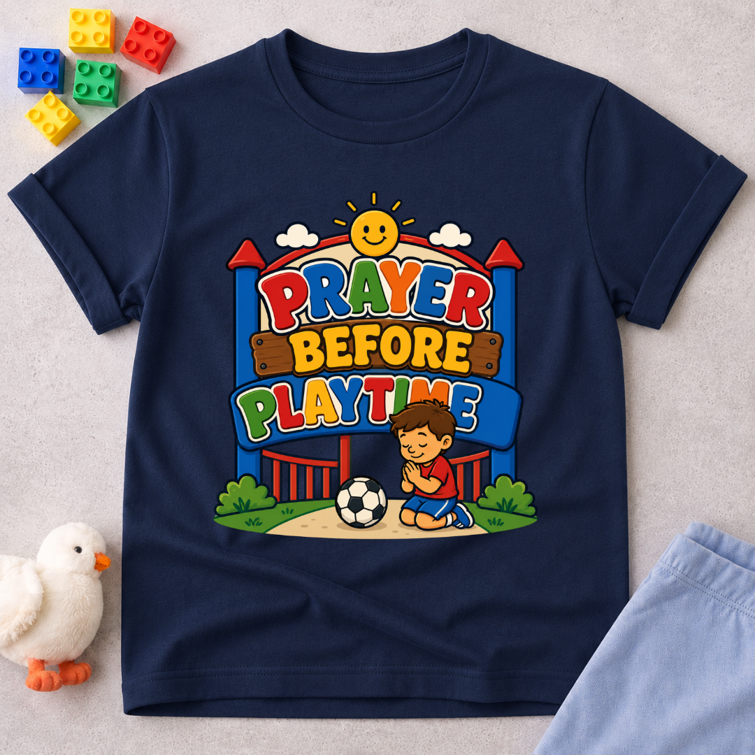 Prayer Before Playtime Christian kids shirt in navy featuring children praying before playing
