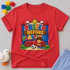 Prayer Before Playtime Christian kids shirt in red featuring children praying before playing
