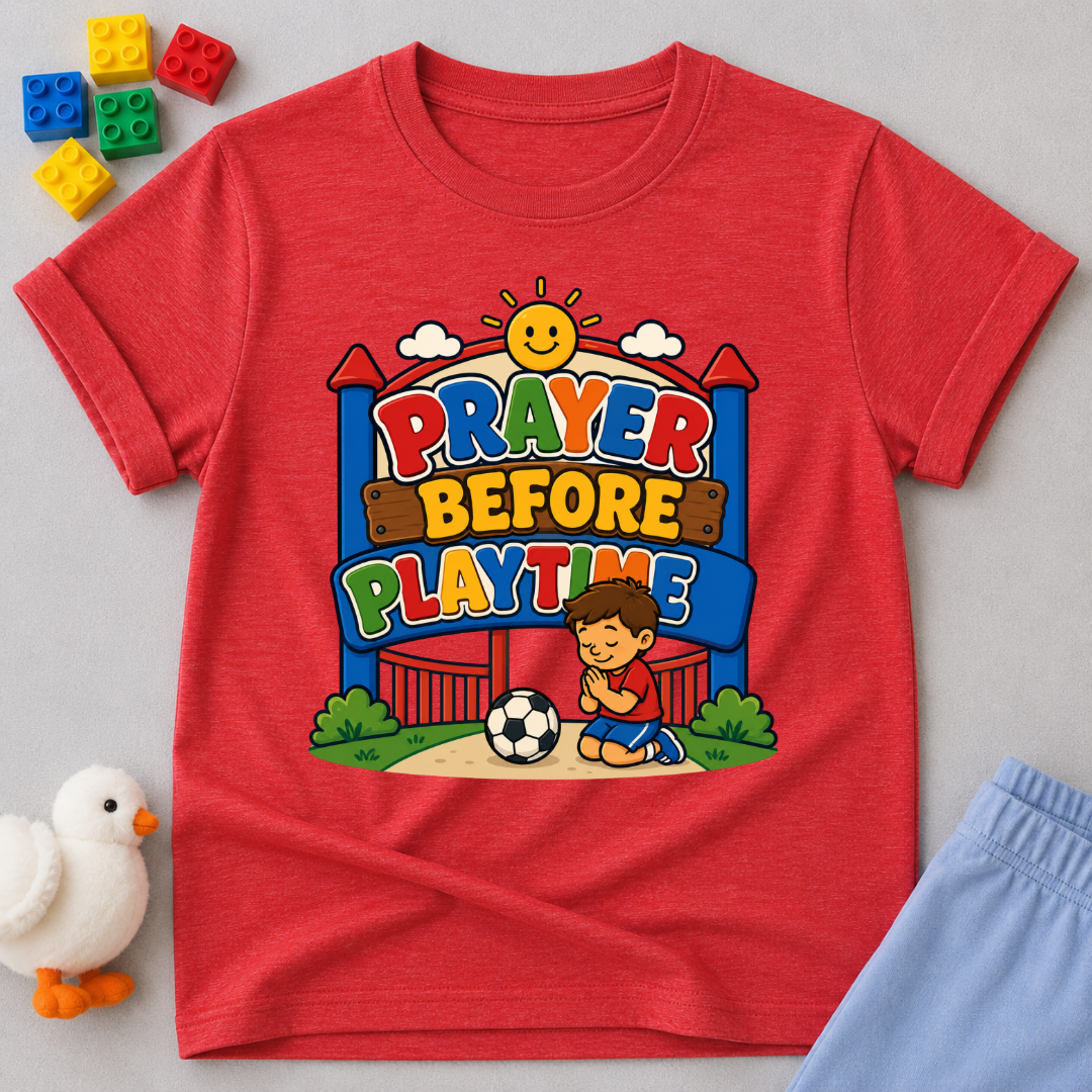 Prayer Before Playtime Christian kids shirt in red featuring children praying before playing
