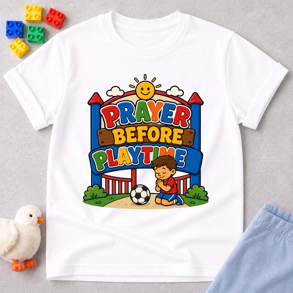 Prayer Before Playtime Christian kids shirt in white featuring children praying before playing
