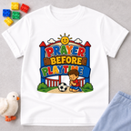 Prayer Before Playtime Christian kids shirt in white featuring children praying before playing
