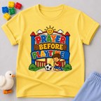 Prayer Before Playtime Christian kids shirt in yellow featuring children praying before playing
