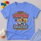 Prayer Powered Kids Shirt Christian kids shirt in blue featuring a playful prayer-themed faith design
