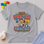 Prayer Powered Kids Shirt Christian kids shirt in gray featuring a playful prayer-themed faith design
