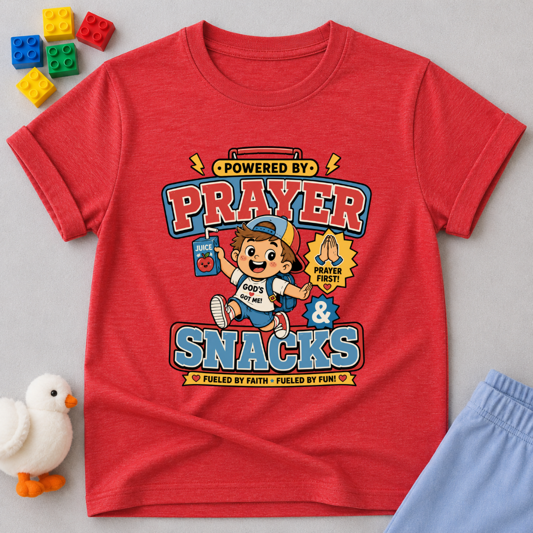 Prayer Powered Kids Shirt Christian kids shirt in red featuring a playful prayer-themed faith design

