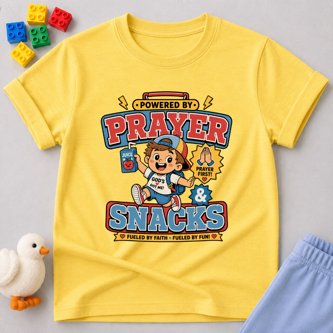 Prayer Powered Kids Shirt Christian kids shirt in yellow featuring a playful prayer-themed faith design
