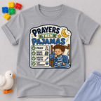 Prayers Then Pajamas Christian kids shirt in gray featuring a bedtime checklist and praying child

