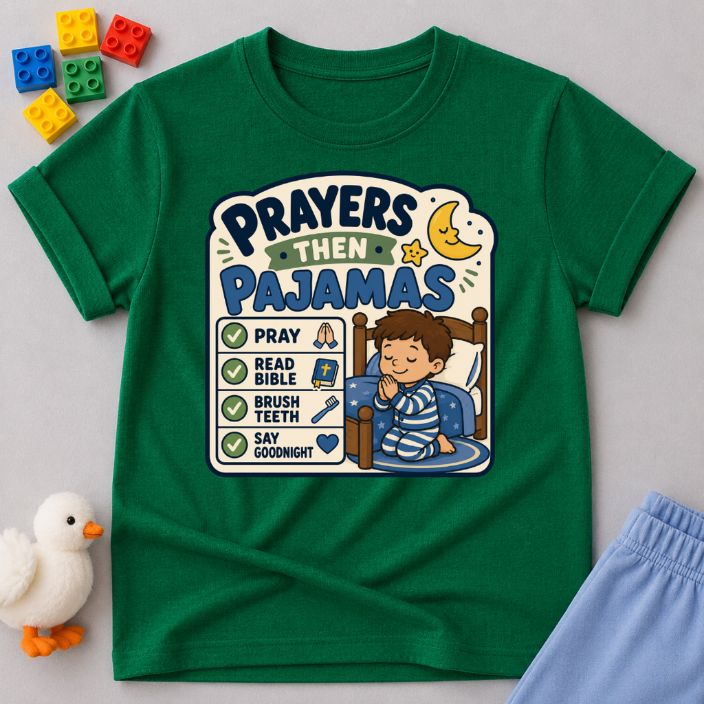 Prayers Then Pajamas Christian kids shirt in green featuring a bedtime checklist and praying child
