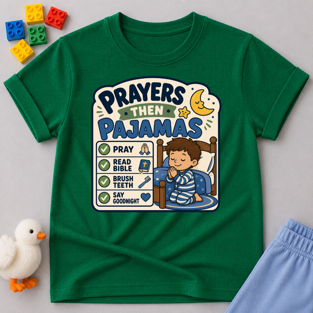 Prayers Then Pajamas Christian kids shirt in green featuring a bedtime checklist and praying child

