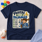 Prayers Then Pajamas Christian kids shirt in navy featuring a bedtime checklist and praying child
