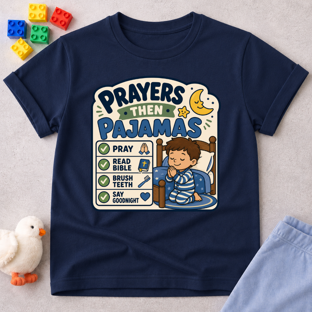 Prayers Then Pajamas Christian kids shirt in navy featuring a bedtime checklist and praying child
