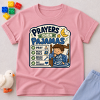 Prayers Then Pajamas Christian kids shirt in pink featuring a bedtime checklist and praying child
