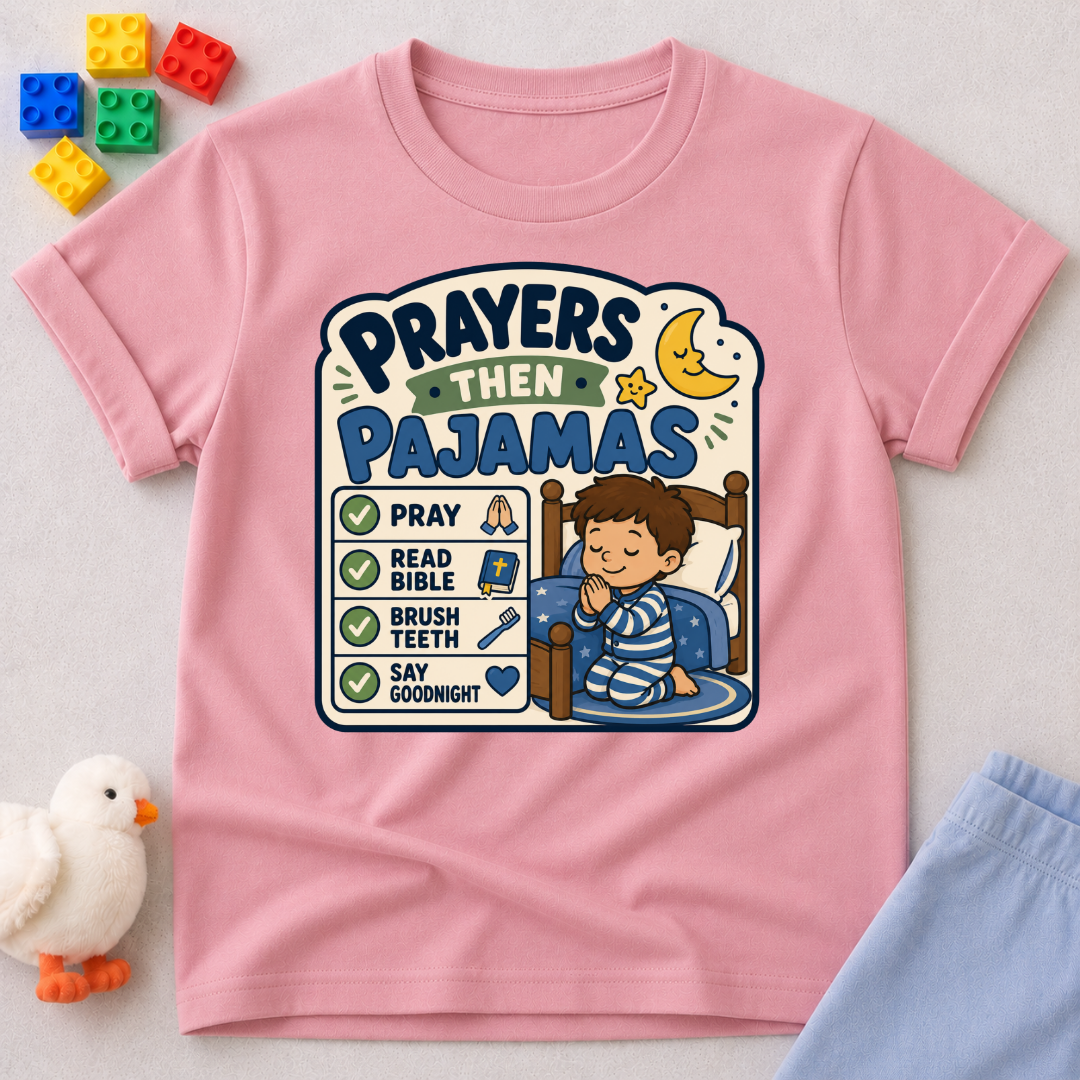 Prayers Then Pajamas Christian kids shirt in pink featuring a bedtime checklist and praying child
