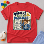 Prayers Then Pajamas Christian kids shirt in red featuring a bedtime checklist and praying child
