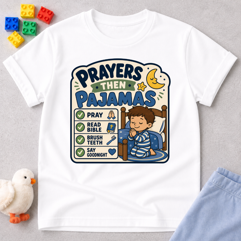 Prayers Then Pajamas Christian kids shirt in white featuring a bedtime checklist and praying child
