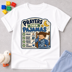Prayers Then Pajamas Christian kids shirt in white featuring a bedtime checklist and praying child
