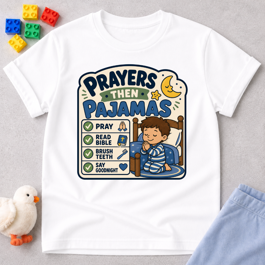 Prayers Then Pajamas Christian kids shirt in white featuring a bedtime checklist and praying child
