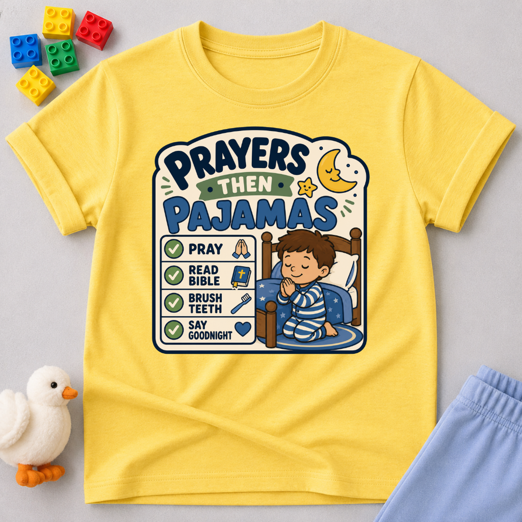 Prayers Then Pajamas Christian kids shirt in yellow featuring a bedtime checklist and praying child

