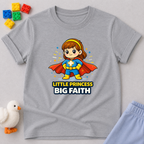 Princess Of Great Faith Christian kids shirt in Gray featuring a young faith superhero girl