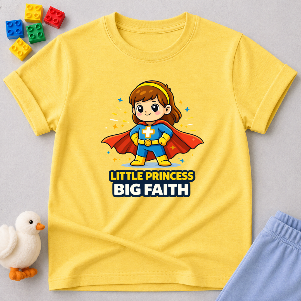 Princess Of Great Faith Christian kids shirt in Yellow featuring a young faith superhero girl