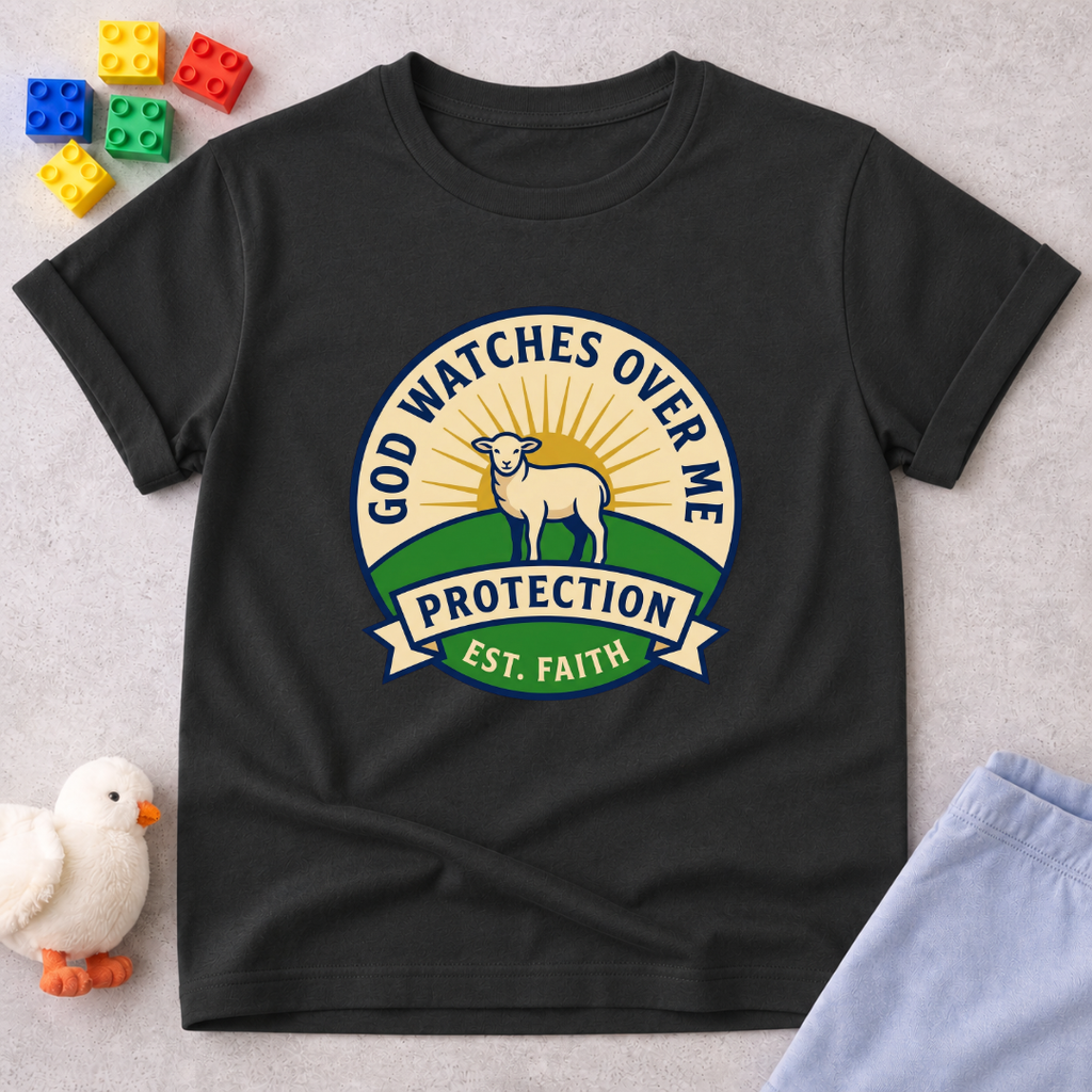 Protected By Gods Faithfulness Christian kds shirt in Black featuring a protection badge inspired design
