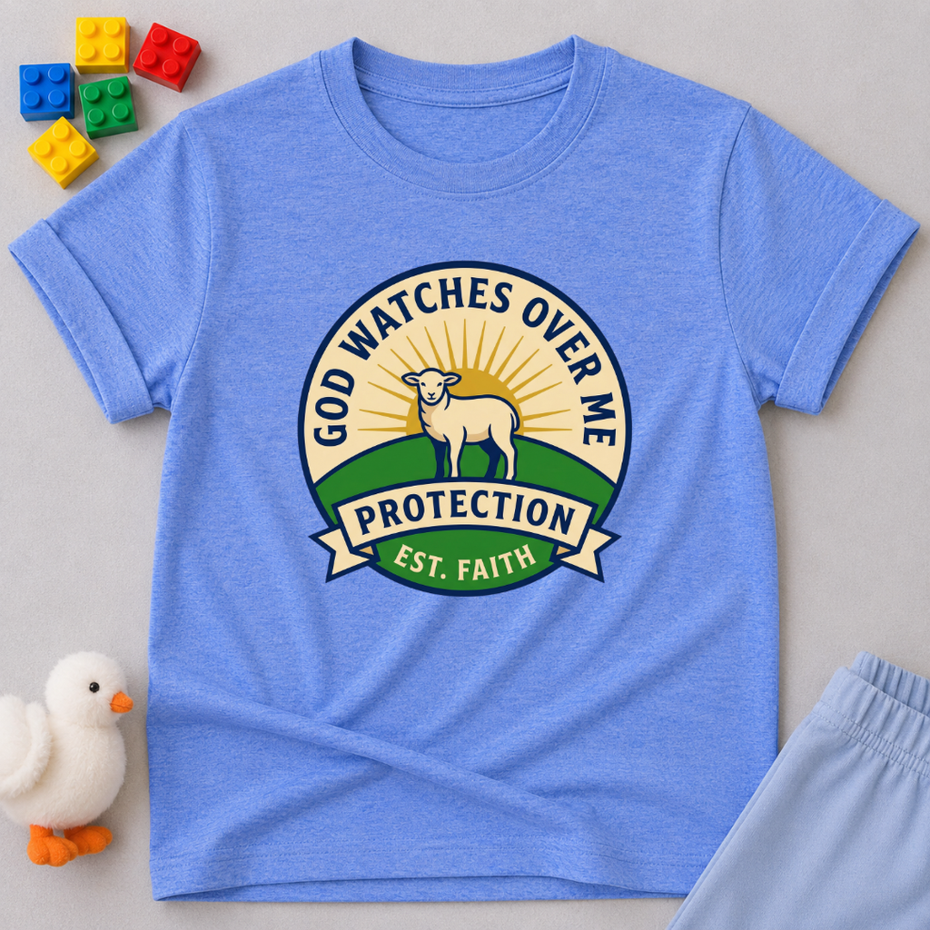 Protected By Gods Faithfulness Christian kids shirt in Blue featuring a protection badge inspired design