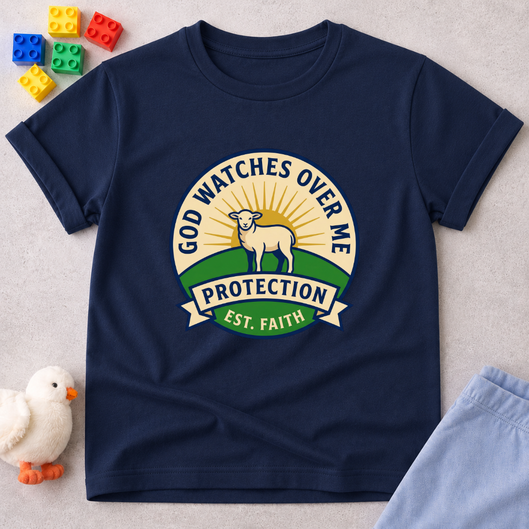 Protected By Gods Faithfulness Christian kids shirt in Navy featuring a protection badge inspired design