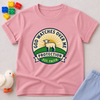 Protected By Gods Faithfulness Christian kids shirt in Pink featuring a protection badge inspired design