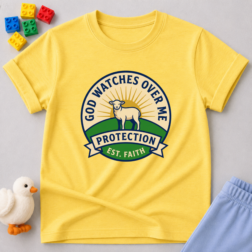 Protected By Gods Faithfulness Christian kids shirt in Yellow featuring a protection badge inspired design