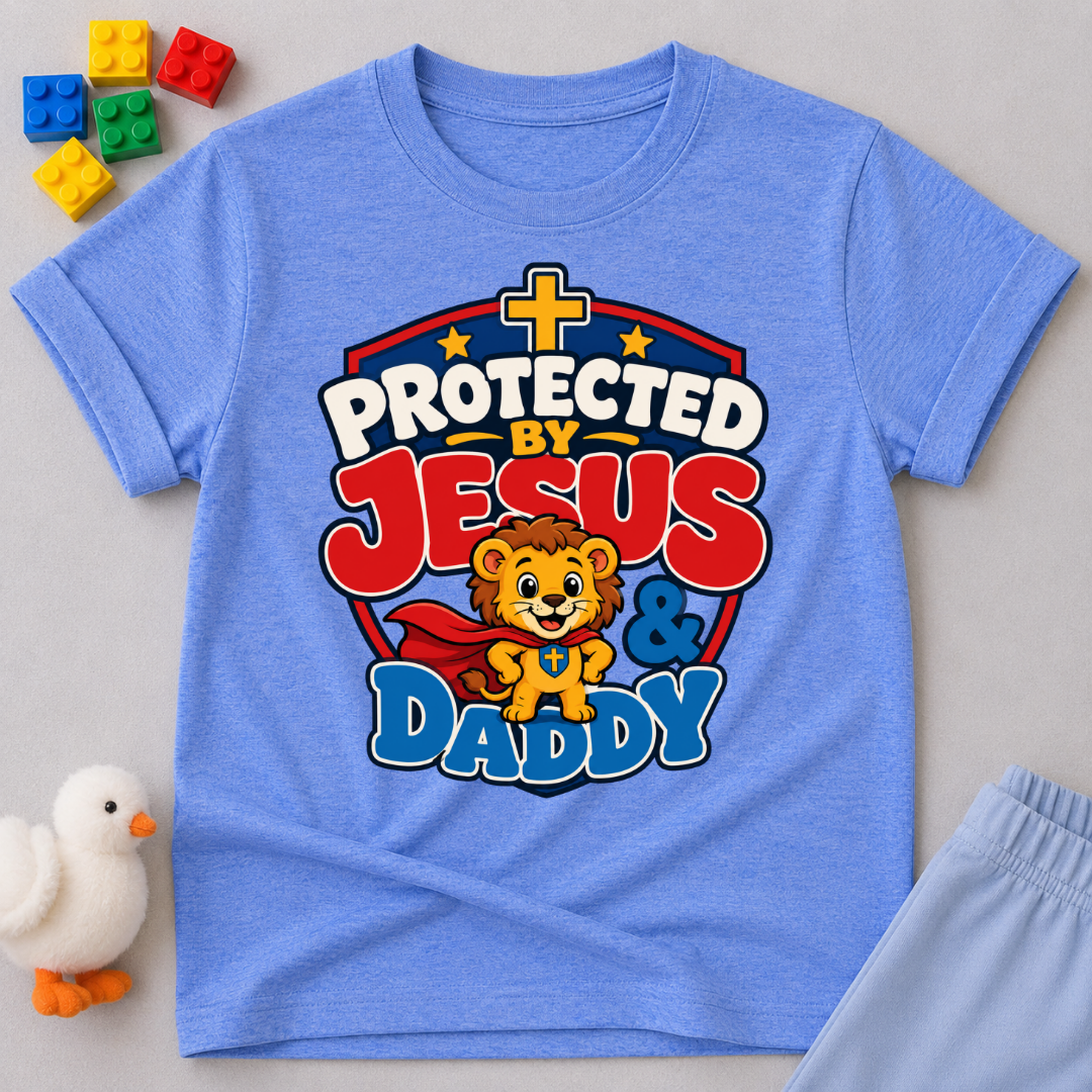 Protected by Jesus & Daddy Christian kids shirt in blue featuring a brave lion inside a protective shield
