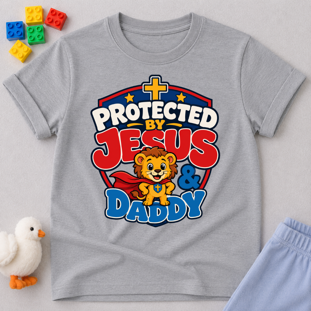 Protected by Jesus & Daddy Christian kids shirt in gray featuring a brave lion inside a protective shield
