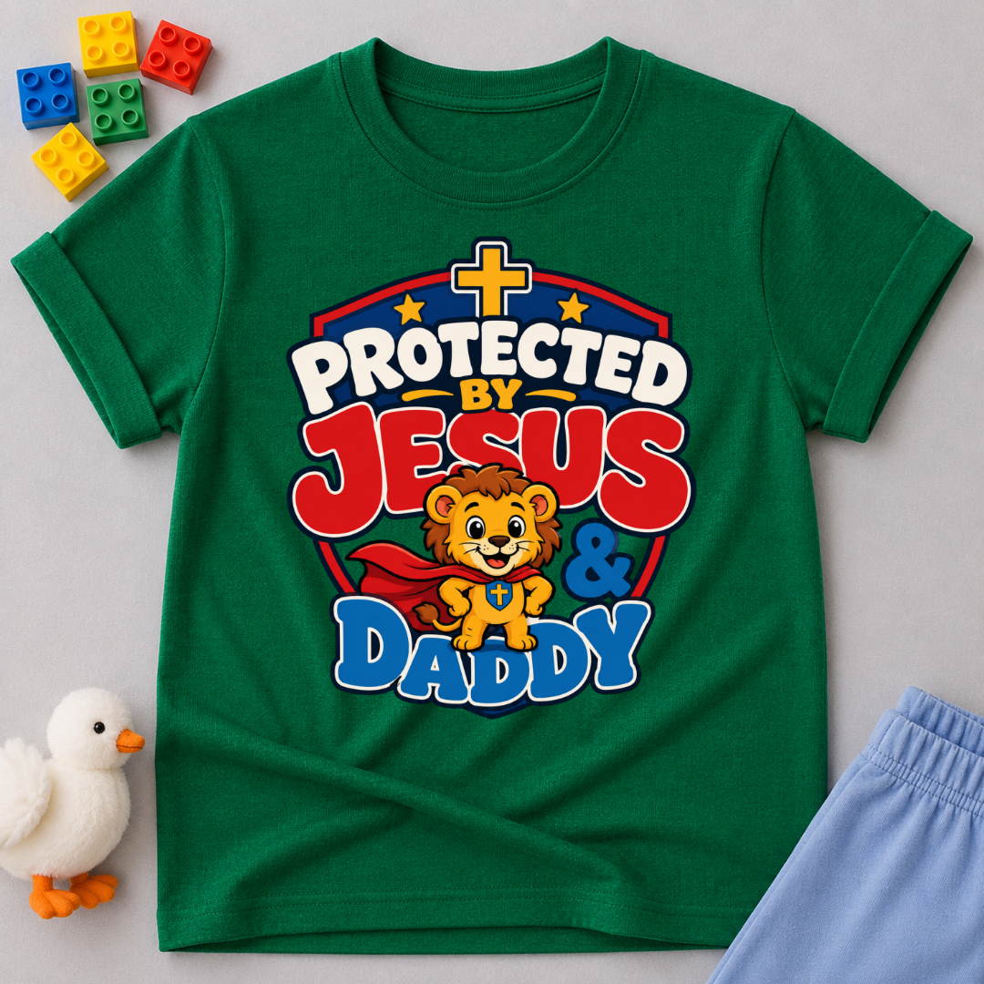 Protected by Jesus & Daddy Christian kids shirt in green featuring a brave lion inside a protective shield
