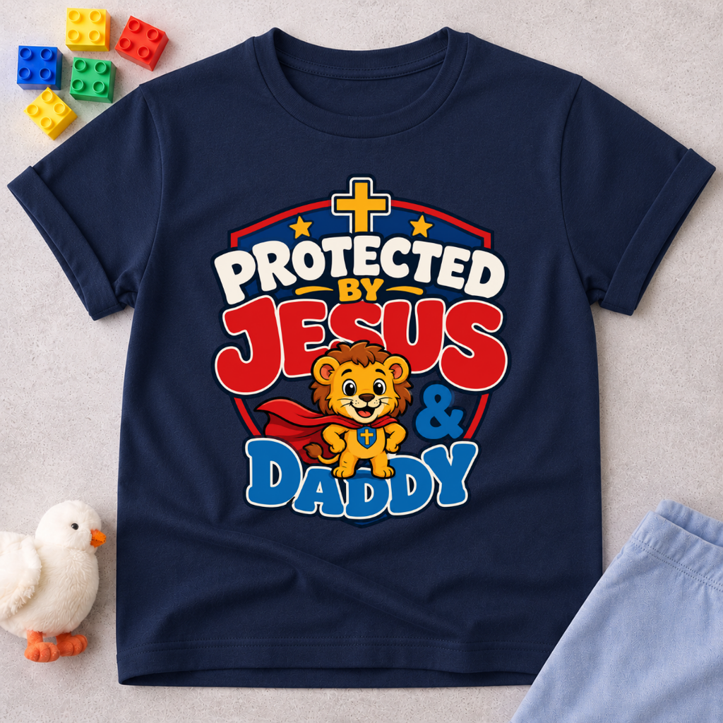 Protected by Jesus & Daddy Christian kids shirt in navy featuring a brave lion inside a protective shield
