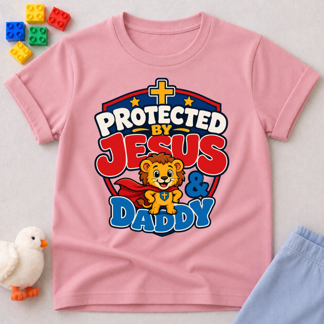 Protected by Jesus & Daddy Christian kids shirt in pink featuring a brave lion inside a protective shield
