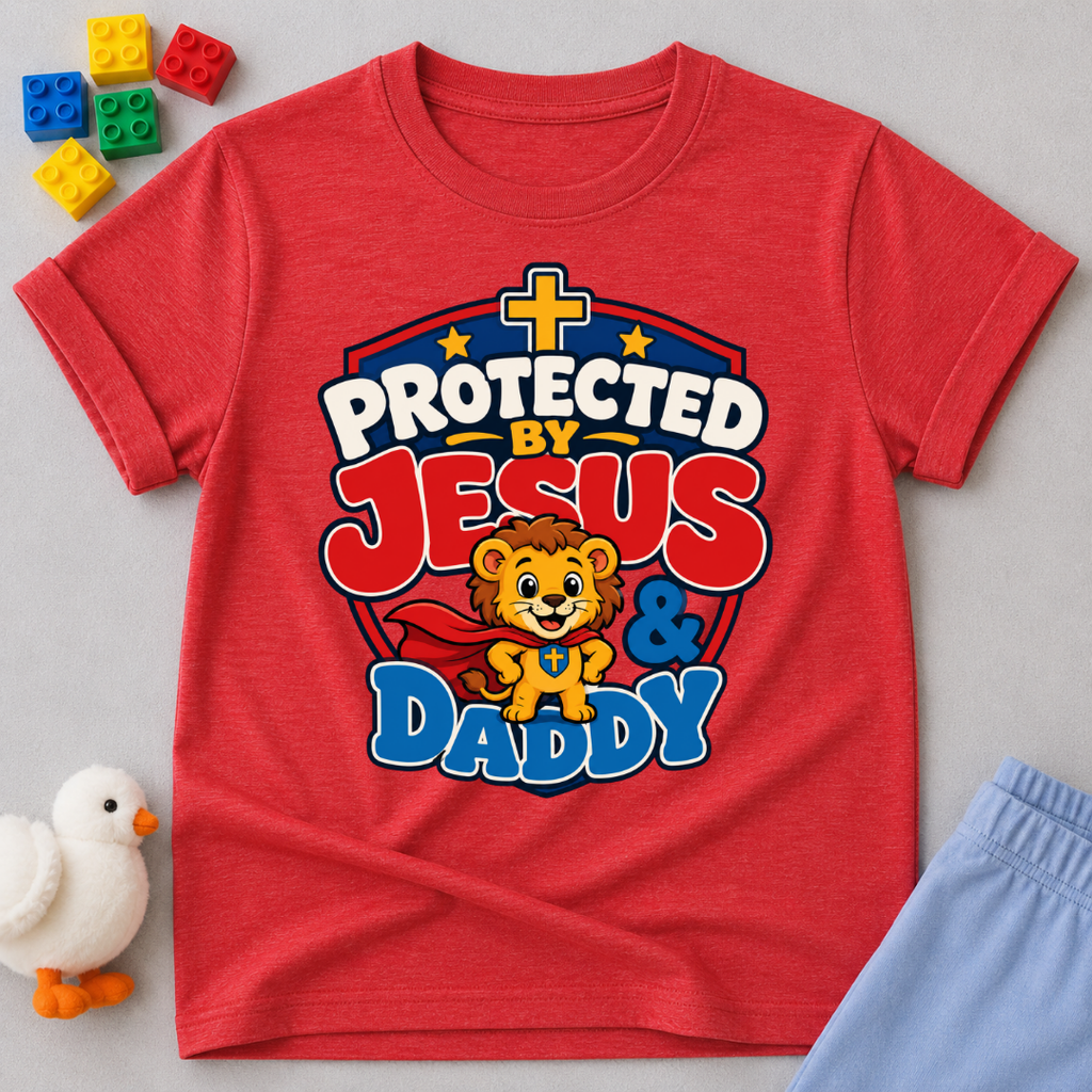 Protected by Jesus & Daddy Christian kids shirt in red featuring a brave lion inside a protective shield
